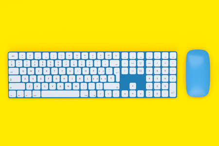 Modern blue aluminum computer keyboard with numpad and mouse isolated on yellow background. 3D rendering of gear for home office and workspaceの写真素材