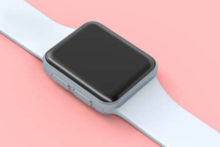 Stainless silver smart watch or fitness tracker isolated on pink background.