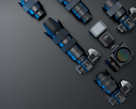 Top view of designer workspace and gear like nonexistent DSLR camera, lens and spidlight flash on...