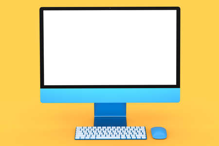 Realistic blue computer screen display with keyboard and mouse isolated on orange background. 3D...