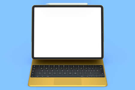 Gold computer tablet with gold keyboard and blank screen isolated on blue background. 3D rendering...