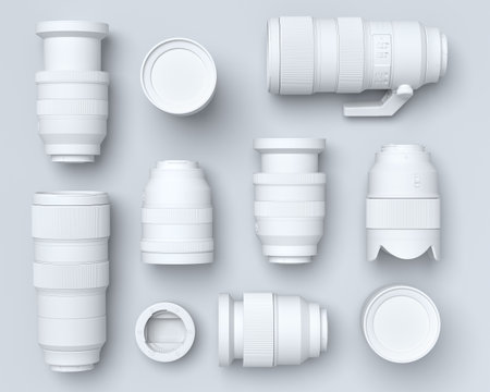 Top view of monochrome designer workspace and gear like nonexistent DSLR camera and lens on black background. 3d rendering of accessories for illustrator and photography toolsの写真素材