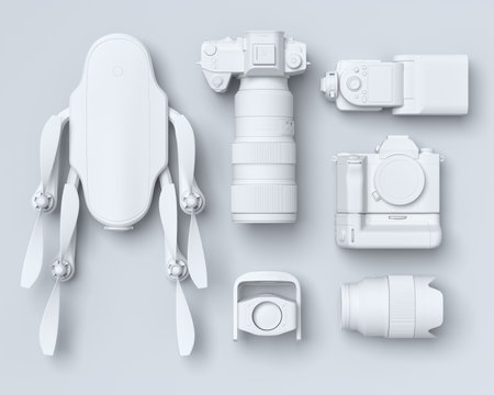 Top view of monochrome designer workspace and gear like nonexistent DSLR camera, speedlight, drone and calibrator on black background. 3d rendering of accessories and photography toolsの写真素材