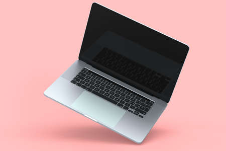 Realistic aluminum laptop with empty white screen display isolated on pink background. 3D rendering...