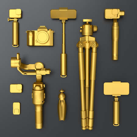 Top view of gold designer workspace and gear like nonexistent DSLR camera, steadicam, tripod and selfie stick on black background. 3d rendering of accessories for illustrator and photography toolsの写真素材