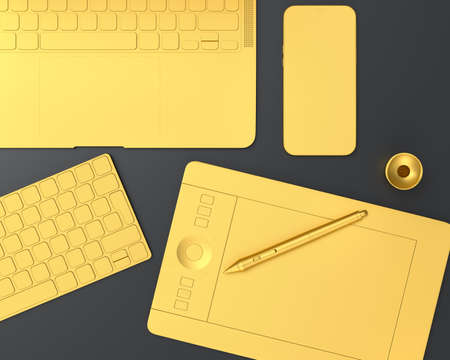 Top view of gold designer workspace and gear like laptop, tablet, keyboard and phone on black table...