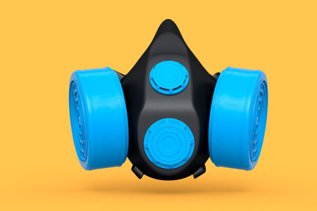 Gas mask on yellow background. 3d render and illustration of respirator for professional use chemical, paint or restoration.の写真素材