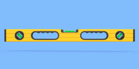 Building spirit level tool on blue background. 3d render and illustration of tool for repair and...