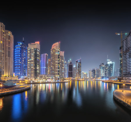 Night time panoramic view of Dubai Marina bay and city center, UAE.の写真素材