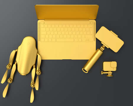 Top view of gold designer workspace and gear like laptop, drone and mobile phone with selfie stick on black table background. 3d rendering of accessories for drawing, sketching and photography toolsの写真素材