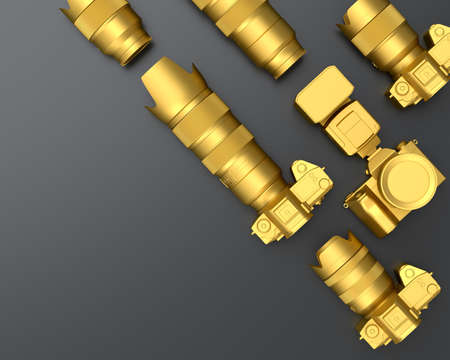 Top view of gold designer workspace and gear like nonexistent DSLR camera, lens and spidlight flash on black background. 3d rendering of accessories for illustrator and photography toolsの写真素材