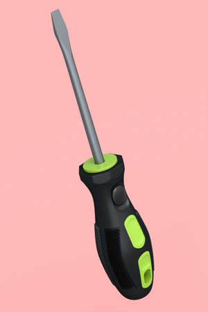 Black and green screwdriver isolated on pink background. 3d render and illustration of tool for carpentry work or intrument for woodの写真素材