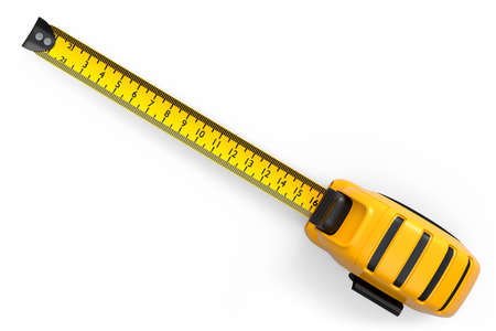 Yellow carpenter measuring tape isolated on white background with imperial units scale. 3d render and illustration of tool for repair and buildingの写真素材
