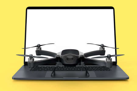 Top view of designer workspace and photography gear like laptop and drone on yellow background. 3d render of accessories for drawing, sketching and photography toolsの写真素材
