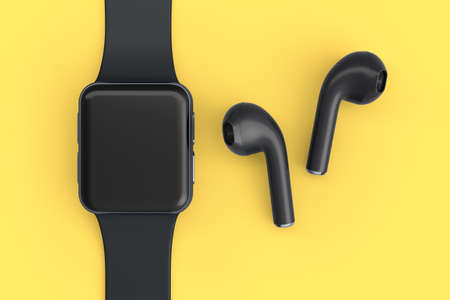 Stainless smart watch or fitness tracker and wireless  headphones on yellow background. 3D rendering concept of wearable device health and fitness trackerの写真素材