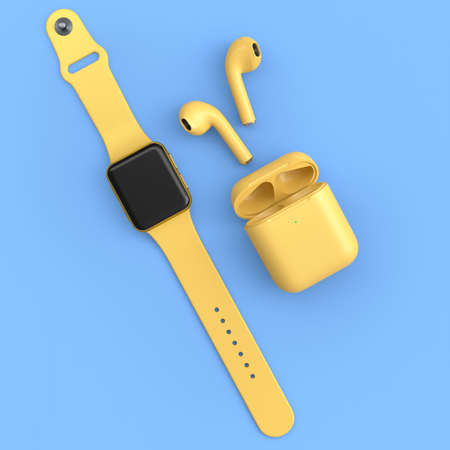 Stainless smart watch or fitness tracker and wireless   headphones on blue background. 3D rendering concept of wearable device health and fitness trackerの写真素材