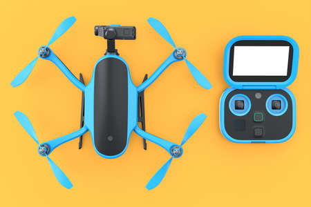 Photo and video drone or quad copter with action camera and remote on yellow background. 3D render of device for delivery or aerial photographyの写真素材