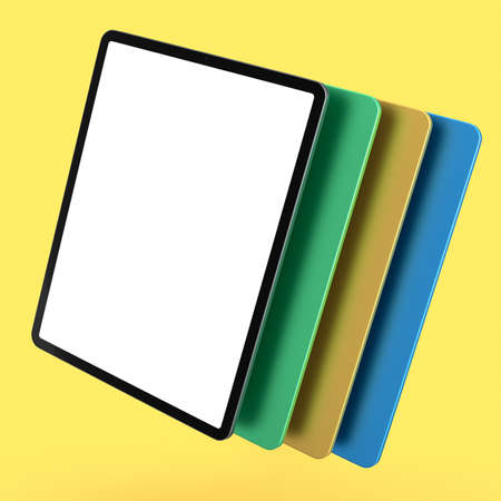 Set of computer tablets with cover case and blank screen isolated on yellow background. 3D rendering...