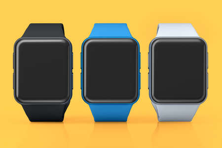 Set of smart watches with blue leather strap isolated on orange background. 3D rendering concept of...