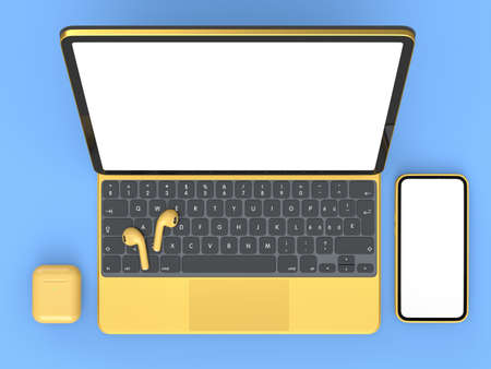 Aluminum laptop with mobile phone headphones on blue background. 3D rendering concept of creative designer equipment and compact workspaceの写真素材