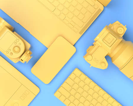 Top view of designer workspace and gear like laptop, tablet, digital camera and spidlight flash on blue background. 3d rendering of accessories for illustrator and photography toolsの写真素材
