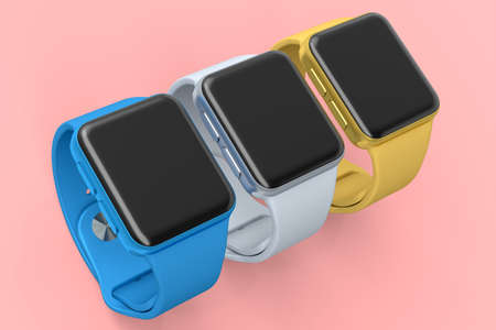 Set of silver smart watches with white strap isolated on pink background. 3D rendering concept of...