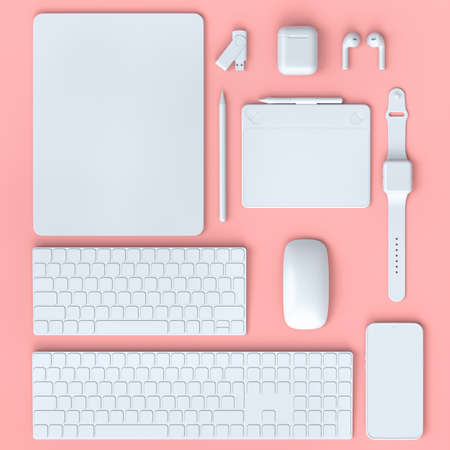 Top view of computer tablet with keyboard, mouse and phone isolated on pink background. 3D rendering...