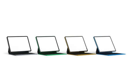 Set of computer tablet with keyboard and blank screen isolated on white.
