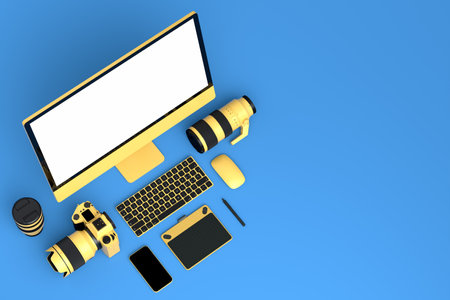 Desktop computer with keyboard, tablet, phone and DSLR camera on blue background. 3D render of...