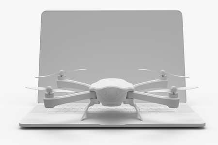 Top view of designer workspace and photography gear like laptop and drone on white monochrome background. 3d render of accessories for drawing, sketching and photography toolsの写真素材