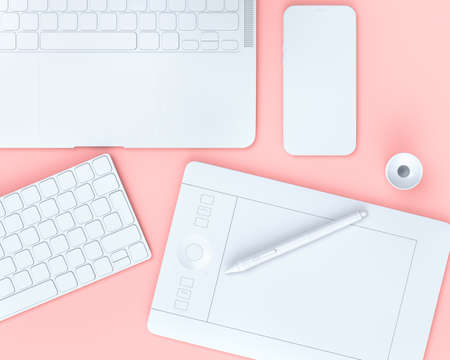 Top view of designer workspace and gear like laptop, tablet, keyboard and phone on black table...