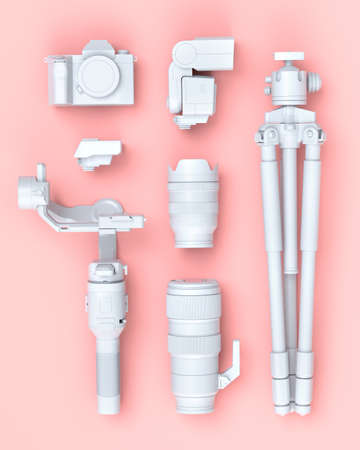 Top view of designer workspace and gear like nonexistent DSLR camera, lens, tripod and speedlight...