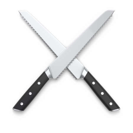 Set of chef's kitchen knives with a wooden handle isolated on white background. 3d render of butcher...