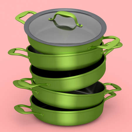 Set of stainless steel stewpot and chrome plated aluminum cookware on pink background. 3d render of...