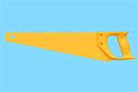 Hand saw with hardened teeth isolated on blue monochrome background. 3d render and illustration of tool for carpentry work or intrument for woodの写真素材