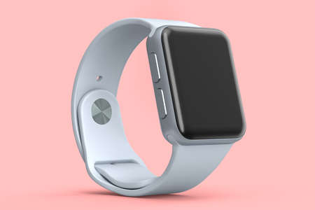 Stainless silver smart watch with white strap isolated on pink background. 3D rendering concept of wearable device health and fitness trackerの写真素材