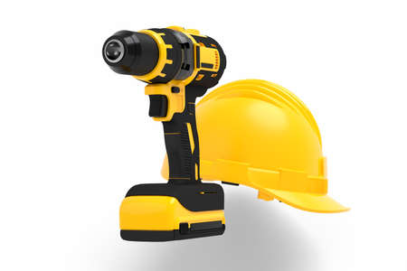 Set of cordless drill or screwdrivers with hard head helmet on white background