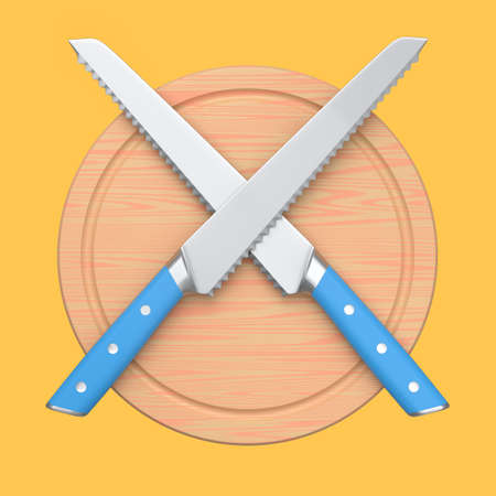 Chef's kitchen knives on a wooden board isolated on orange background. 3d render of bread knife or...