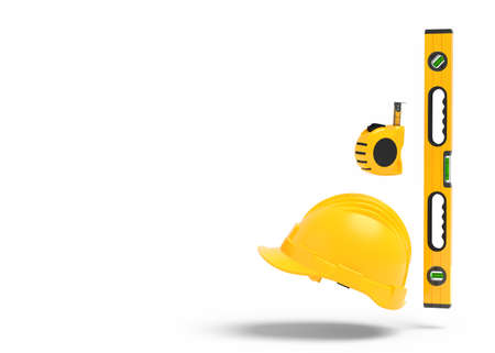 Flying view of yellow construction tools for repair and installation on white background. 3d...