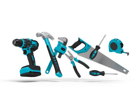 Flying view of green construction tools for repair and installation on white background. 3d...