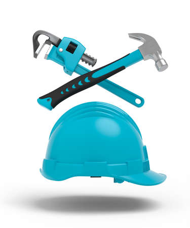 Flying view of green construction tools for repair and installation on white background. 3d rendering and illustration of service banner for house plumber or repairmanの写真素材