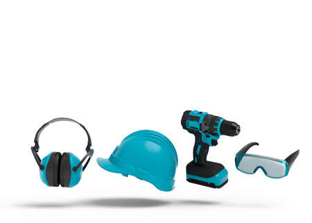 Flying view of green construction tools for repair and installation on white background. 3d...
