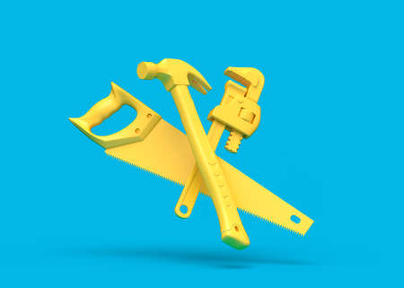 Flying view of yellow construction tools for repair and installation on blue background. 3d rendering and illustration of service banner for house plumber or repairmanの写真素材