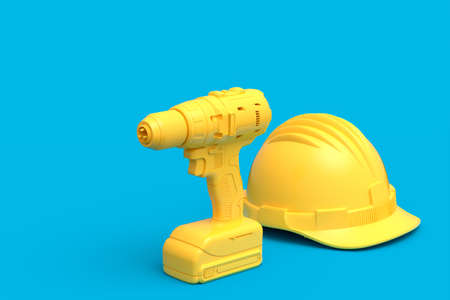 Set of cordless drill or screwdrivers with hard head helmet on blue background. 3d render and illustration of tool for repair and installationの写真素材