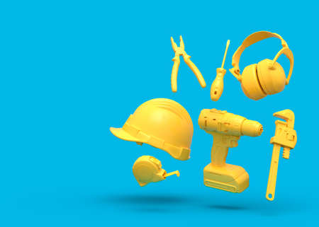 Flying view of yellow construction tools for repair and installation on blue background. 3d rendering and illustration of service banner for house plumber or repairmanの写真素材