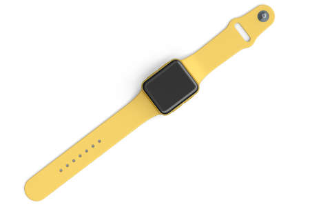 Stainless gold smart watch with gold strap isolated on white background. 3D rendering concept of wearable device health and fitness trackerの写真素材