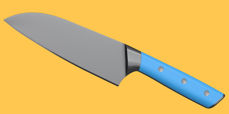 Chef's kitchen knife with a wooden handle isolated on orange background. 3d render of santoku knife or professional kitchen utensilsの写真素材