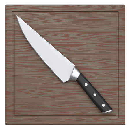Chef's kitchen knife on a wooden board isolated on white background. 3d render of butcher knife or...