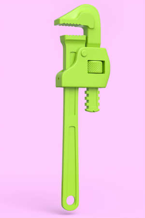 Adjustable pipe wrench, spanner or plumbing tool isolated on pink monochrome background. 3d render and illustration of tool for carpentry work or intrument for woodの写真素材