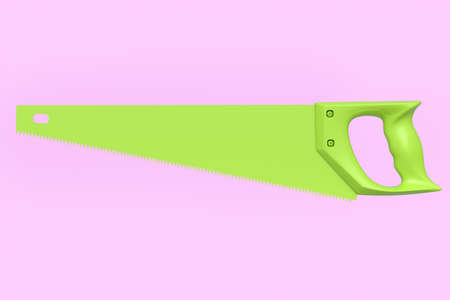 Hand saw with hardened teeth isolated on pink monochrome background. 3d render and illustration of tool for carpentry work or intrument for woodの写真素材